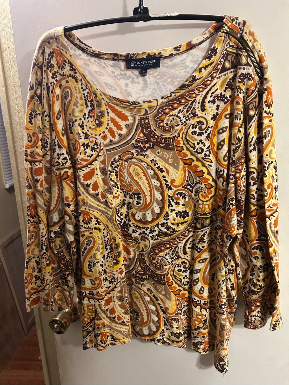 Jones New York Long-Sleeve Paisley Scoop Neck Top — Yellow & Brown Multi